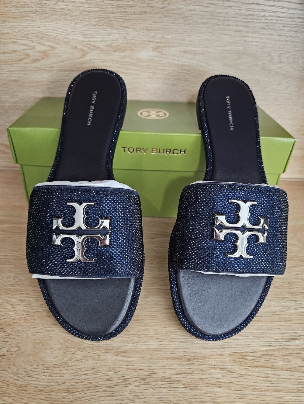 Tory Burch Everly Navy Glitter Slide Sandals with Silver Double-T Emblem. Size 9
